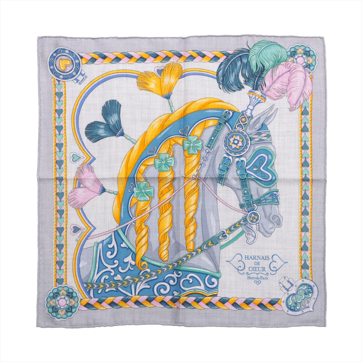 【中古】エルメス スカーフ カシミヤ×シルク ブルーグレー カレ45ガヴロッシュ HARNAIS DE COEUR アルネドゥクールのサムネイル