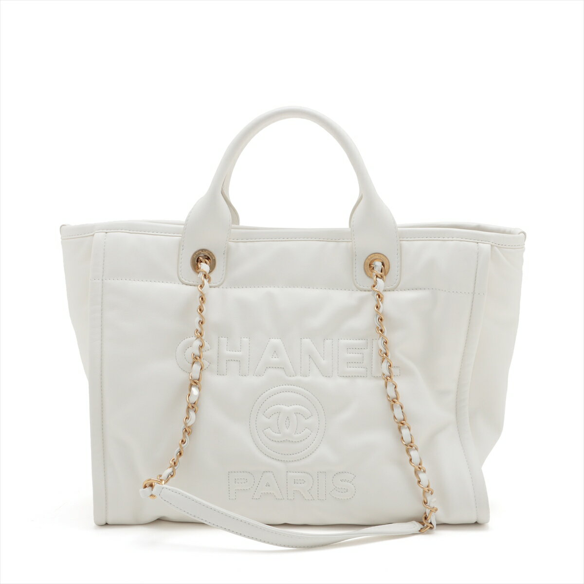 【中古】シャネル ドーヴィルMM ラムスキン チェーントートバッグ ホワイト ゴールド金具 AS3351のサムネイル