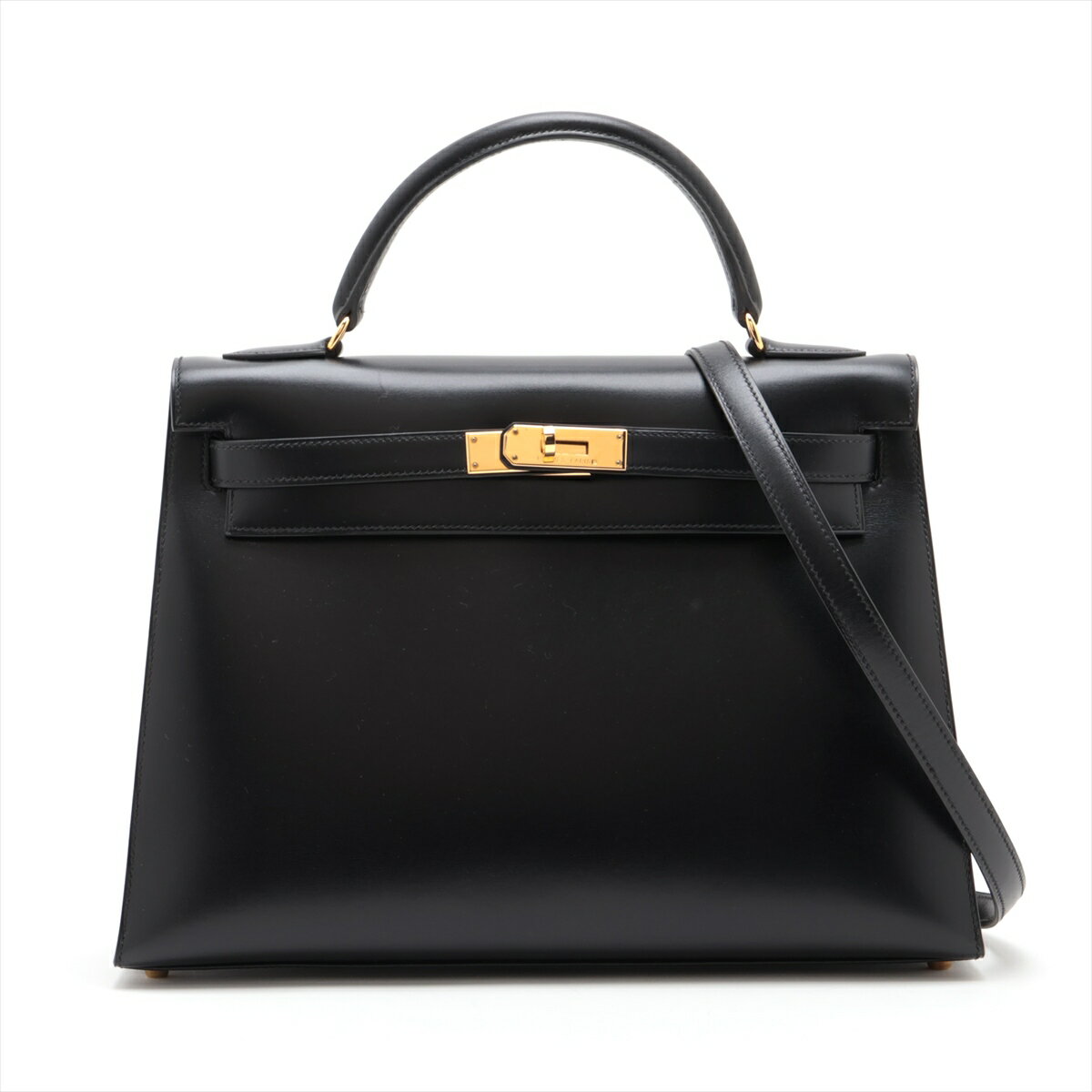 【中古】エルメス ケリー32 ボックスカーフ ブラック ゴールド金具 ○A:1971年