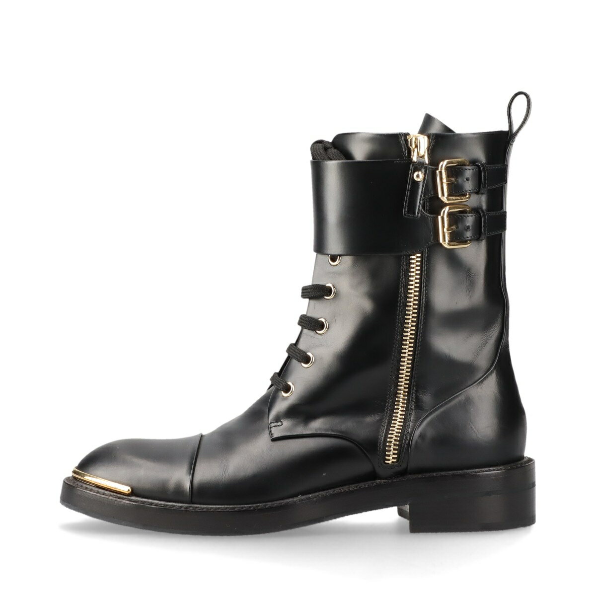 【中古】ヴィトン 13年 レザー ショートブーツ 35.5 レディース ブラック NL0173 ベルト サイドジップ レースアップ