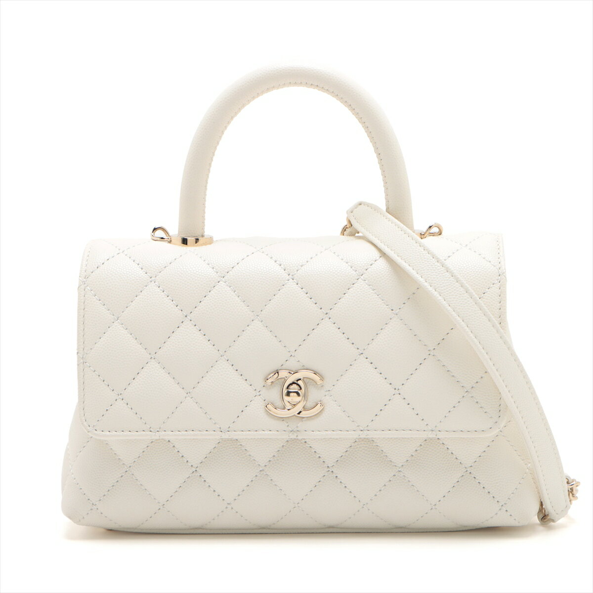 【中古】シャネル ココハンドル24 XS キャビアスキン 2WAYハンドバッグ ホワイト ゴールド金具 ランダムプレート A92990のサムネイル
