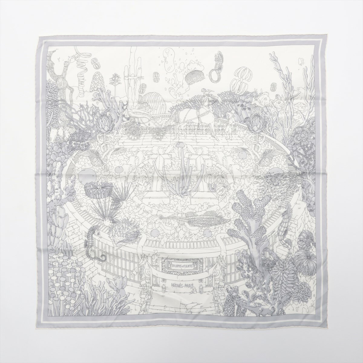 【中古】エルメス カレ70 Ex-Libris Atlantis エクスリブリス アトランティス スカーフ シルク ライトグレーのサムネイル