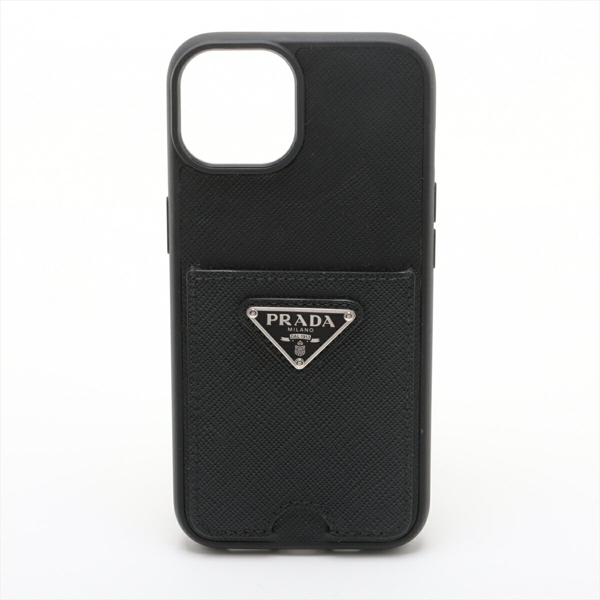 【中古】プラダ サフィアーノ トライアングル 1ZH162 レザー iPhoneケース ブラック iPhone14
