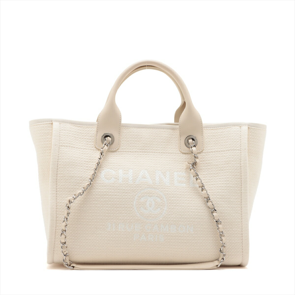【中古】シャネル ドーヴィルMM キャンバス チェーントートバッグ アイボリー シルバー金具 ランダムプレートのサムネイル