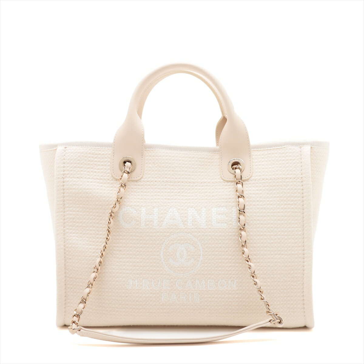 【中古】シャネル ドーヴィルMM キャンバス 2WAYトートバッグ アイボリー ゴールド金具 ランダムプレートのサムネイル