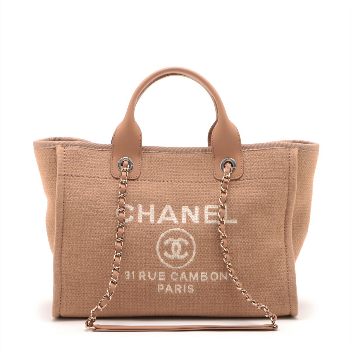 【中古】シャネル ドーヴィルMM キャンバス×レザー 2WAYトートバッグ ベージュ ゴールド金具 ランダムシリアルのサムネイル
