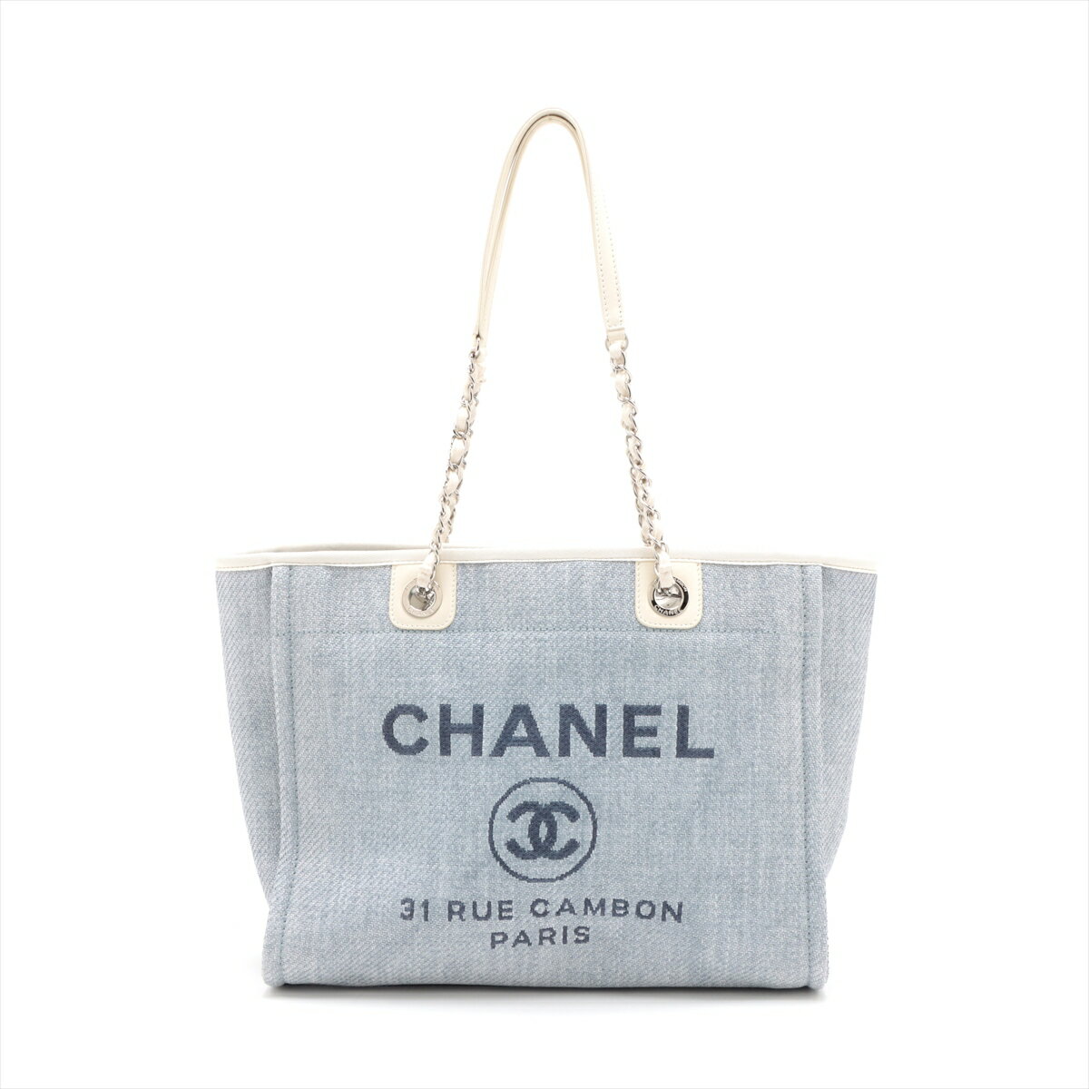 【中古】シャネル ドーヴィルMM ストローxレザー チェーントートバッグ グレーxベージュ シルバー金具 18番台(4)