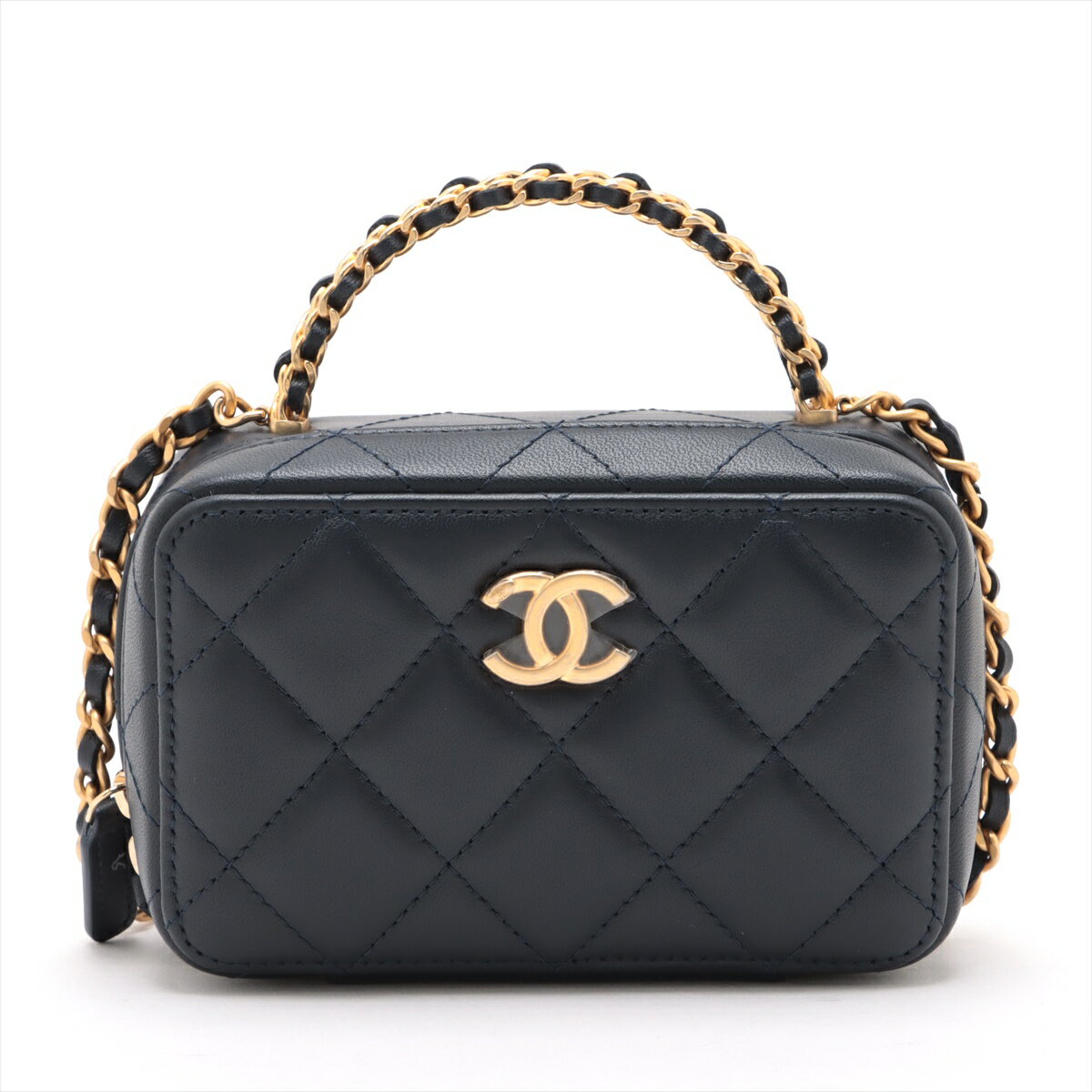 【中古】シャネル マトラッセ ラムスキン チェーンショルダーバッグ バニティ トップハンドル ネイビー ゴールド金具のサムネイル