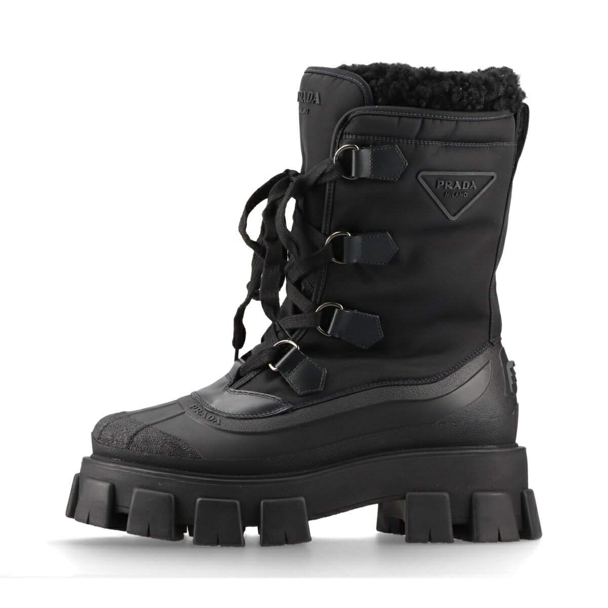 【中古】プラダ Re Nylon リ ナイロン ナイロン×レザー ブーツ 6 1/2 メンズ ブラック ロゴ ボア 80173 箱 袋あり