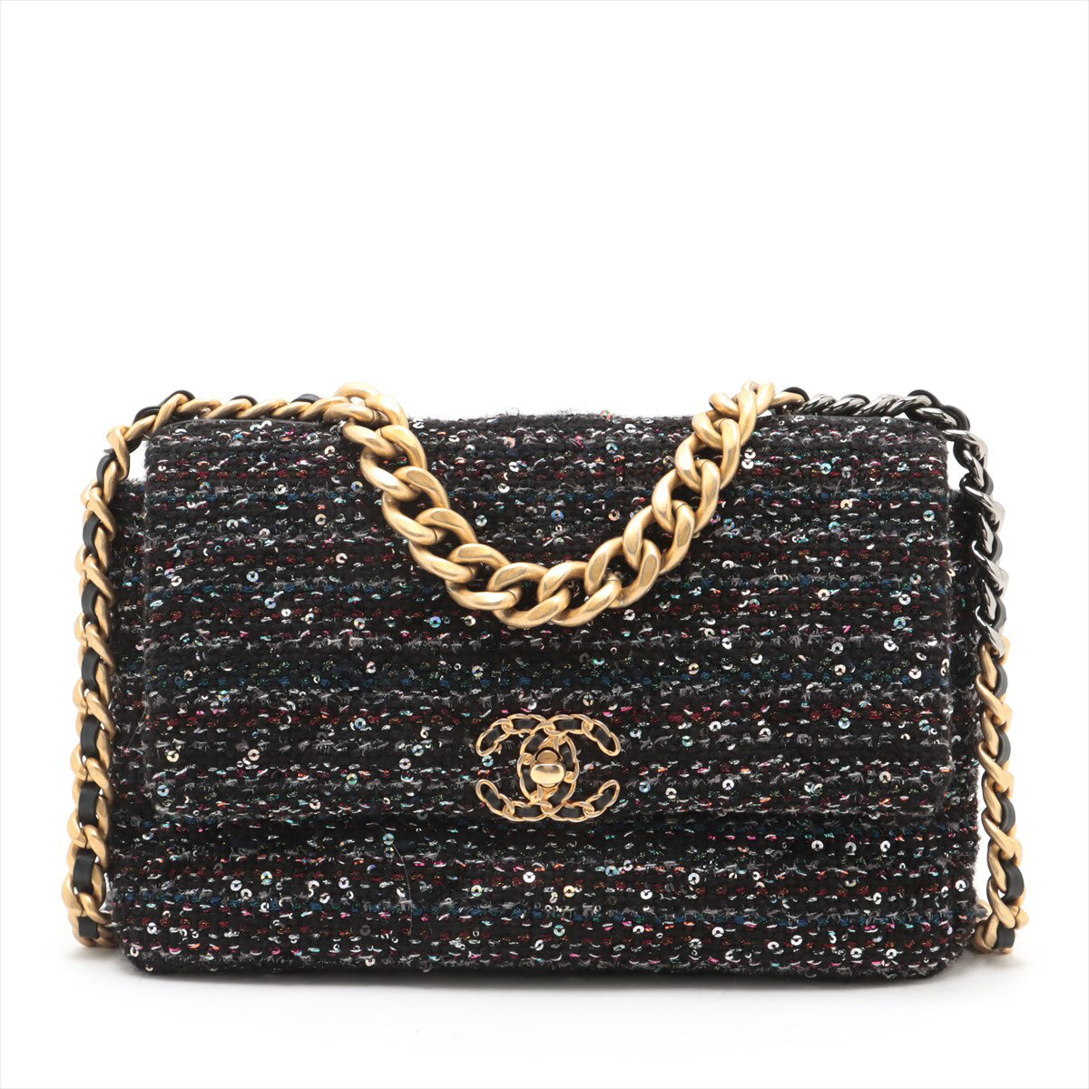 【中古】シャネル シャネル19 ラージ スパンコール×ツイード チェーンショルダーバッグ ブラック ゴールド×シルバー金具 30番台 AS1161のサムネイル