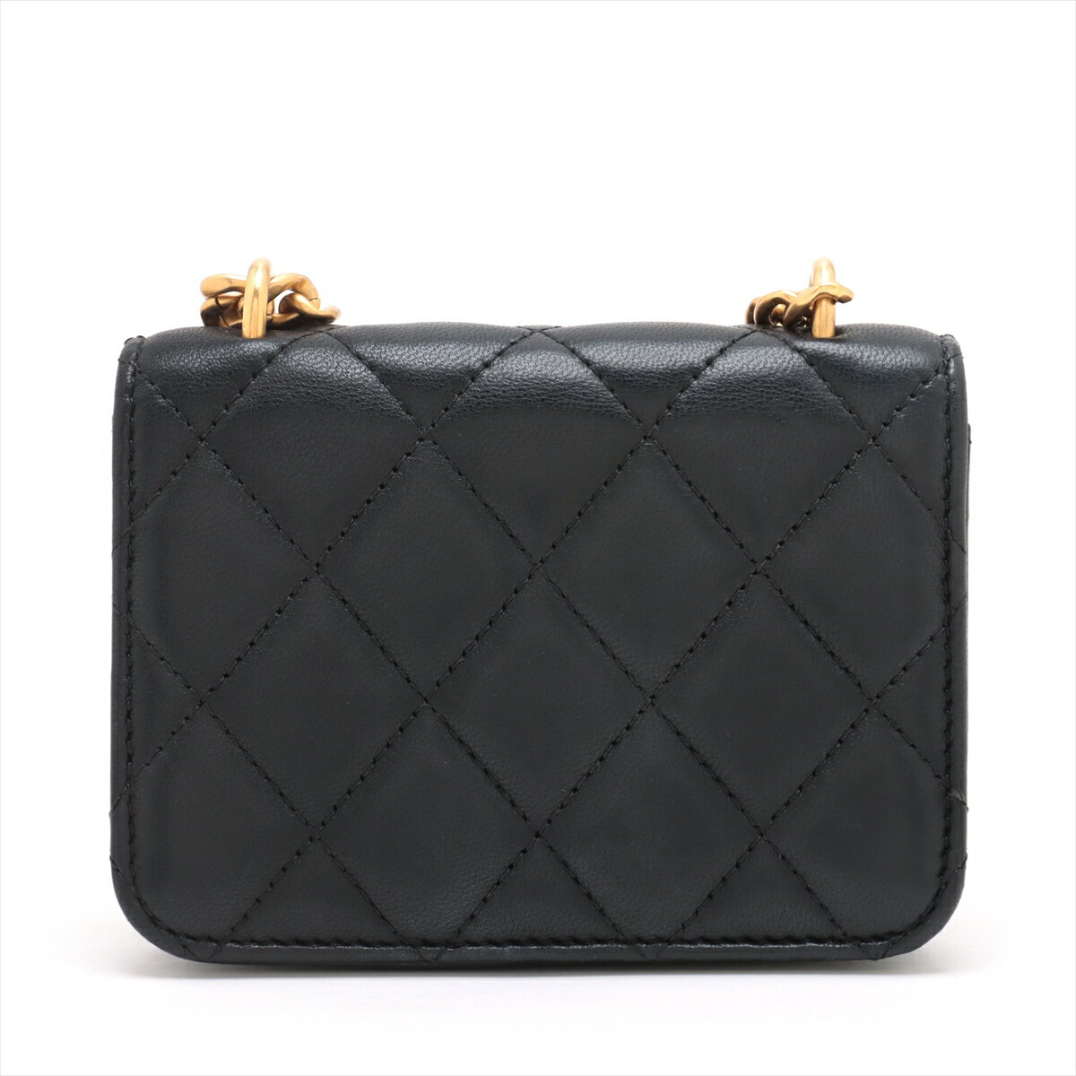 【中古】シャネル ミニミニマトラッセ ラムスキン チェーンショルダーバッグ カメリア ブラック ゴールド金具