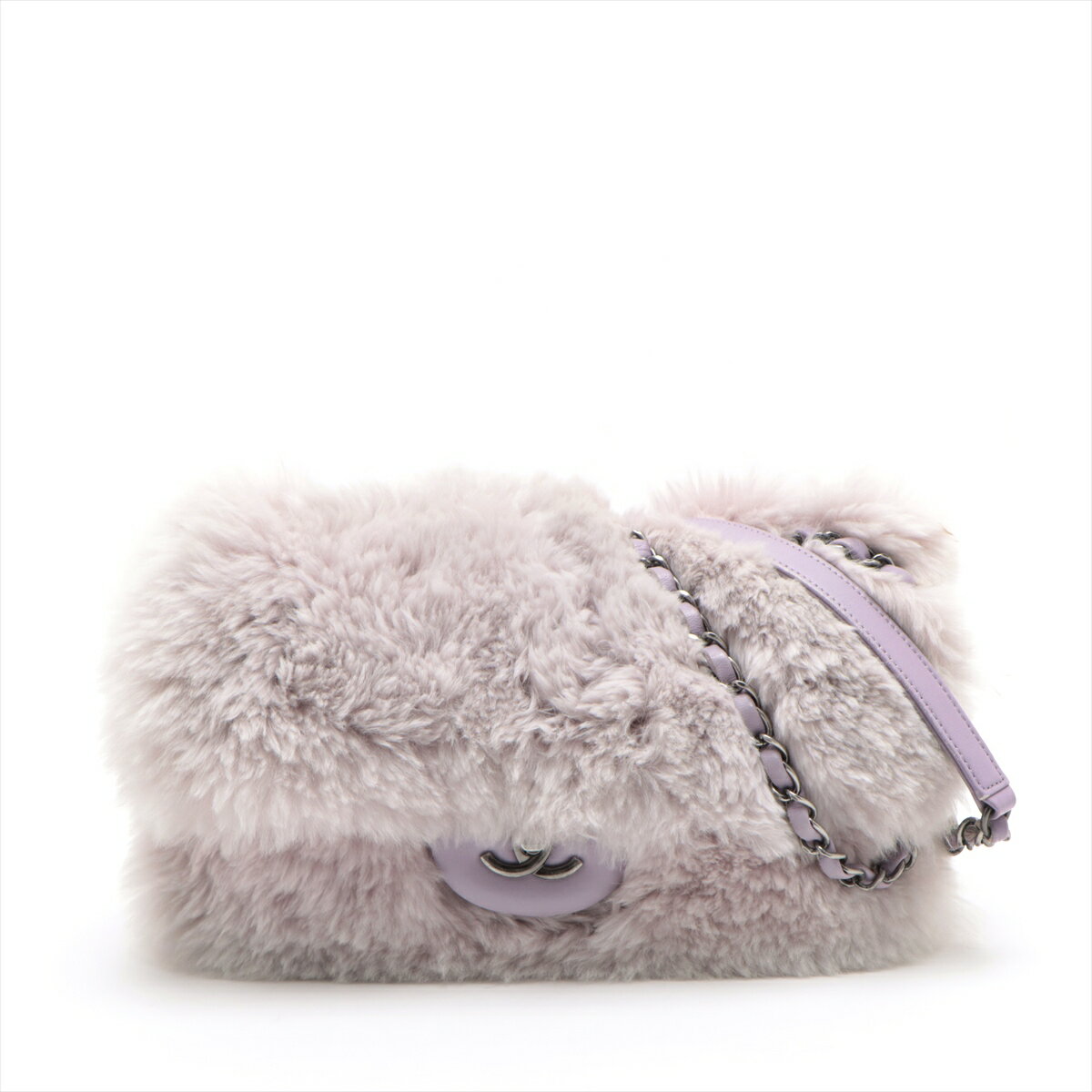 【中古】シャネル マトラッセ ファー シングルフラップ ダブルチェーンバッグ パープル ガンメタリック金具 21番台