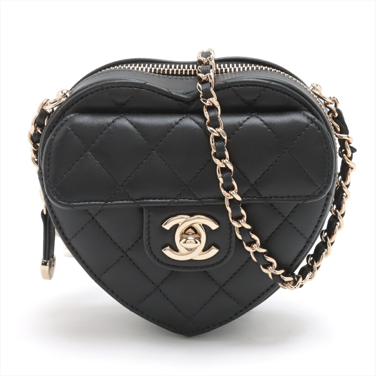 【中古】シャネル マトラッセ ラムスキン チェーンショルダーバッグ ハート ブラック ゴールド金具 31番台のサムネイル
