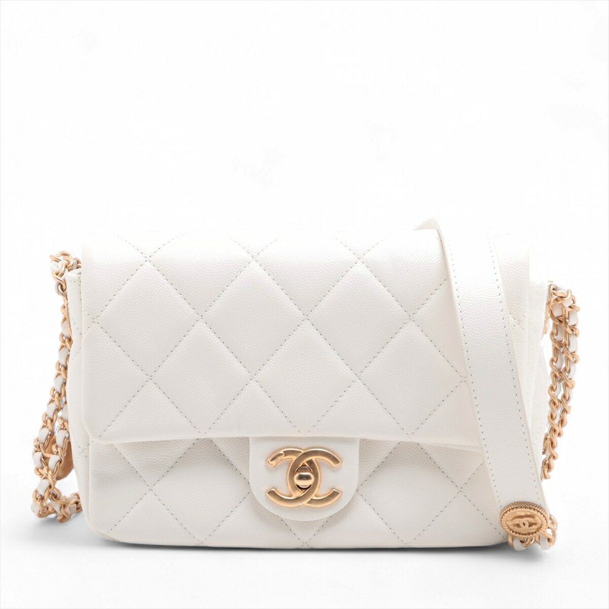 【中古】シャネル ミニマトラッセ20 キャビアスキン シングルフラップ ダブルチェーンバッグ ホワイト ゴールド金具 ランダムプレートのサムネイル