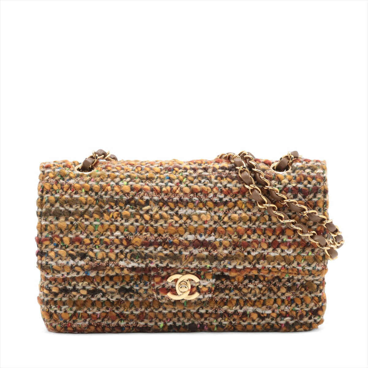 【中古】シャネル マトラッセ25 ツイード ダブルフラップ ダブルチェーンバッグ ブラウン ゴールド金具 8番台 A01112のサムネイル