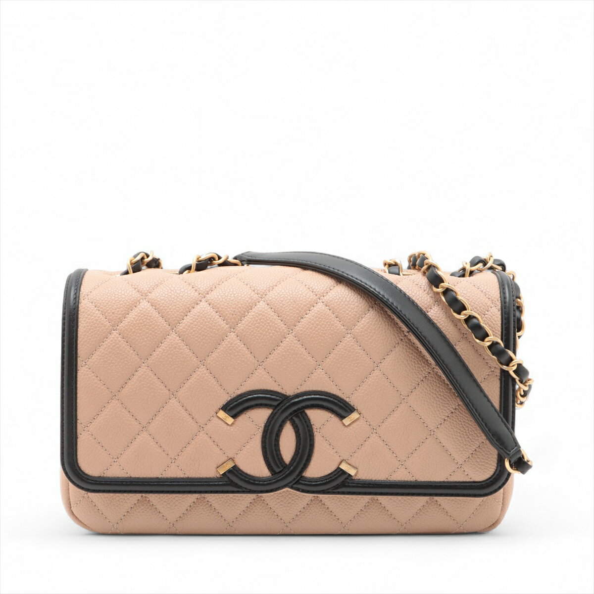 【中古】シャネル CCフィリグリー キャビアスキン シングルフラップ ダブルチェーンバッグ ベージュxブラック ゴールド金具 24番台のサムネイル