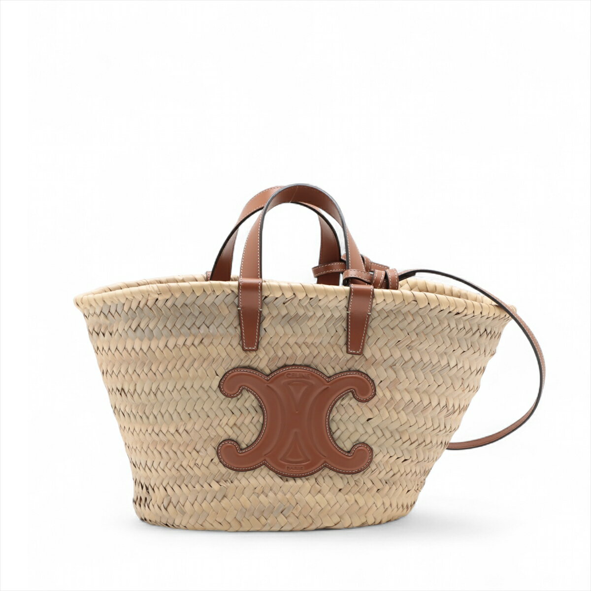 【中古】セリーヌ トリオンフ パニエ ラフィアxレザー カゴバッグ ベージュxブラウンのサムネイル