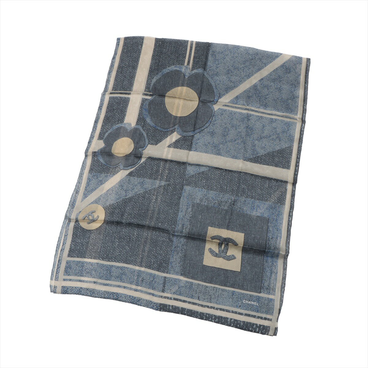 最終値下！ 【美品】CHANEL ロゴ入りマフラー　スカーフ　ネイビー×グレー CHANEL - CHANEL マフラー グレー CCマーク 黒 ブランドマフラー