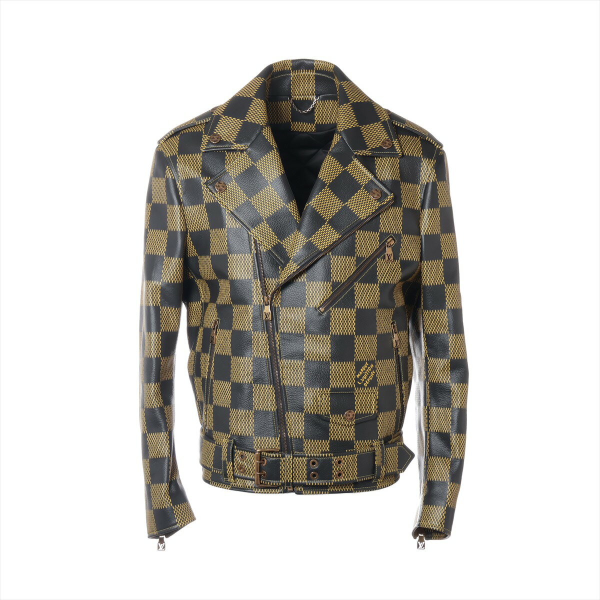 【中古】ヴィトン 24SS レザー ライダースジャケット 46 メンズ ブラック RM241 ダミエレザーレザーバイカージャケット