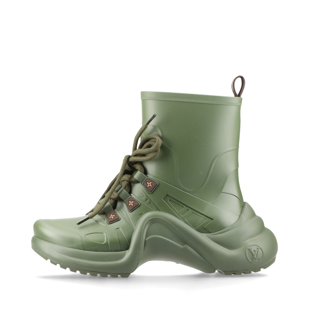 【中古】ヴィトン LVアークライトライン 19年 ラバー レインブーツ 38 レディース カーキ MN1119 LVサークルロゴ モノグラムフラワー 保存袋 箱あり