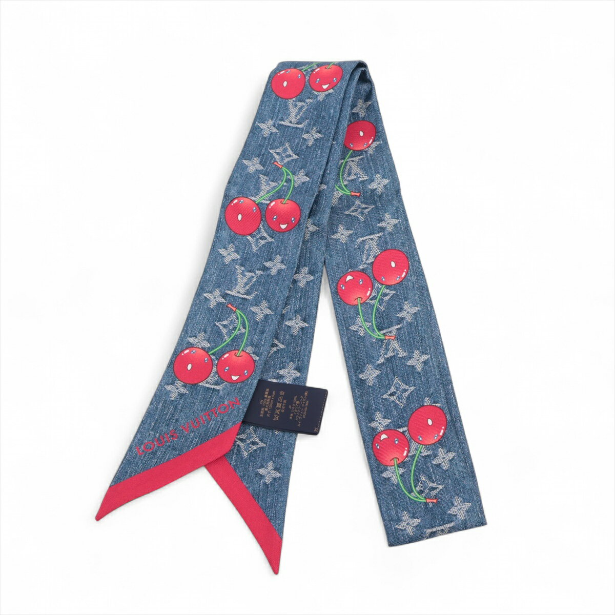 【中古】ヴィトン×村上隆 M96390 バンドーBB モノグラムデニムチェリー IS1295 スカーフ シルク ブルーのサムネイル