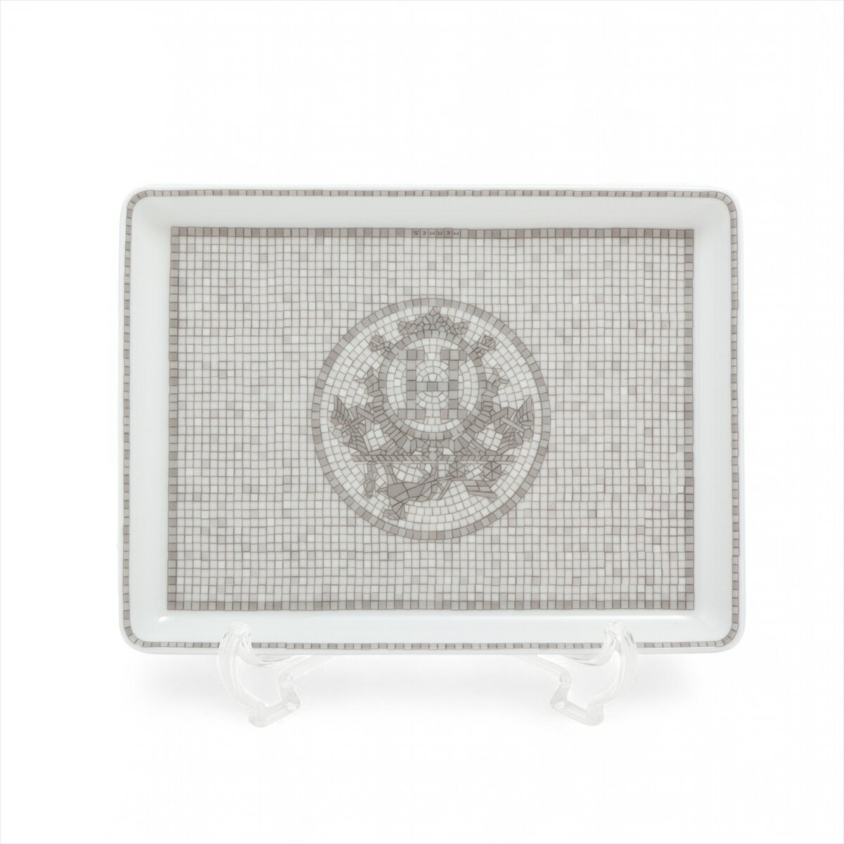 【中古】エルメス モザイク ヴァンキャトル プラチナ プレート 陶器 ホワイト 底印「リボン」