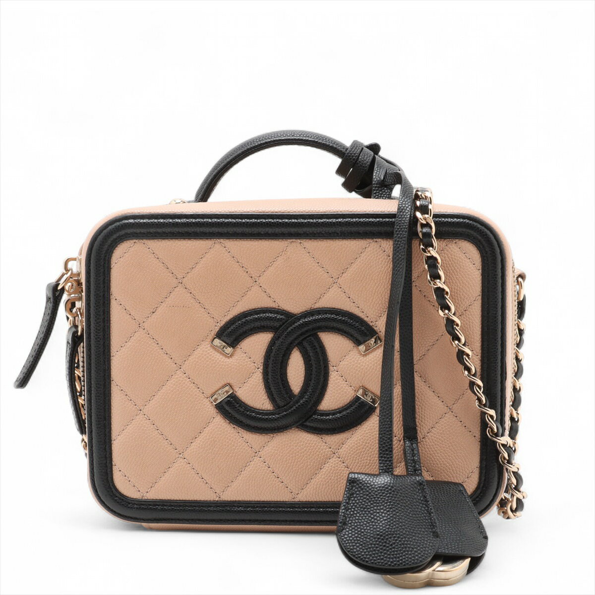 【中古】シャネル CCフィリグリー キャビアスキン 2WAYショルダーバッグ ベージュxブラック ゴールド金具 29番台のサムネイル
