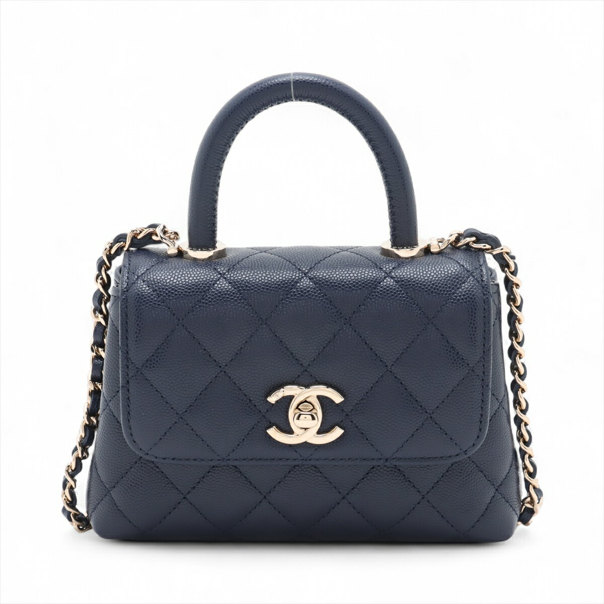 【中古】シャネル ココハンドル ミニミニ キャビアスキン 2WAYショルダーバッグ ネイビー ゴールド金具 ランダムシリアル AP4244のサムネイル