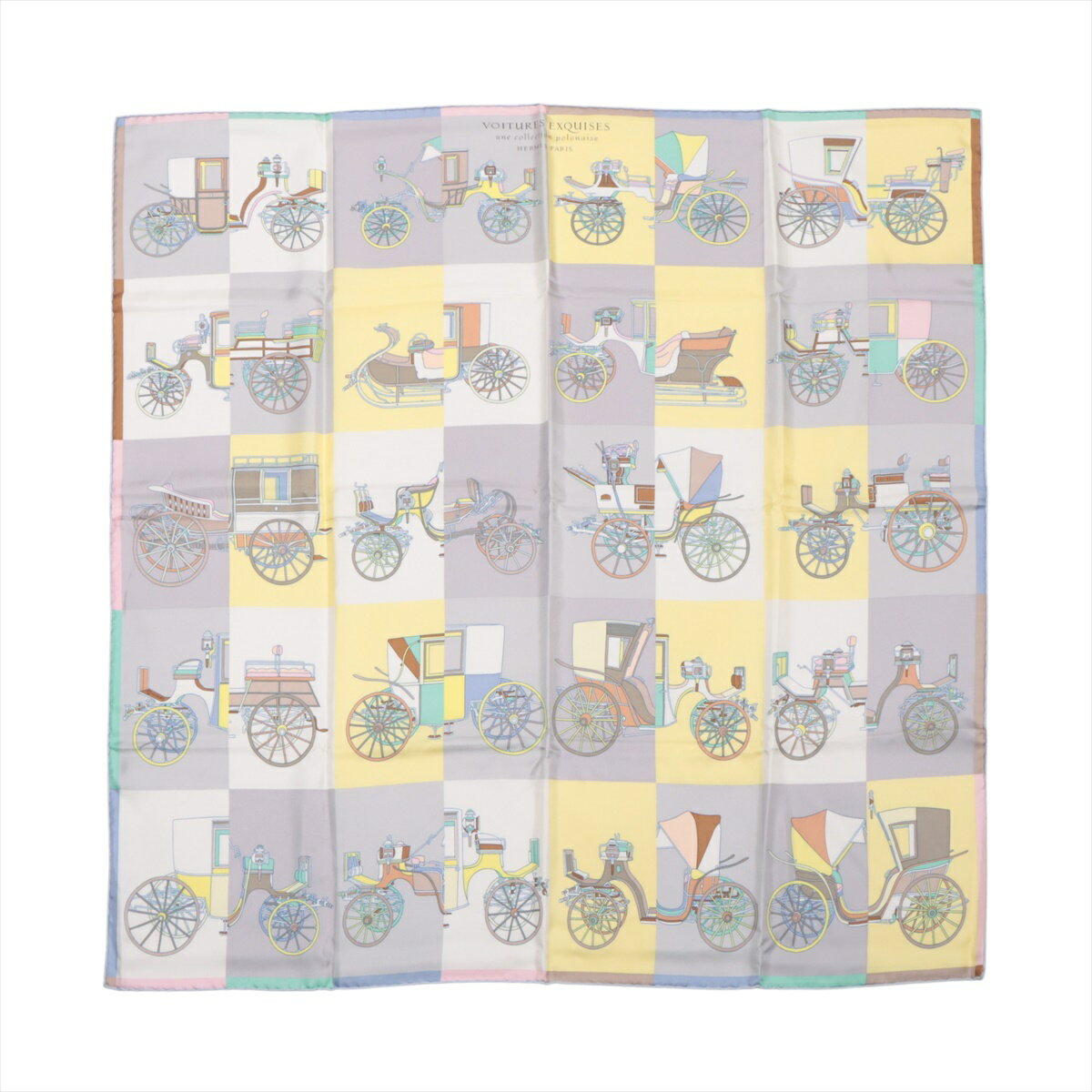 【中古】エルメス カレ90 Voitures Exquises 精巧な馬車 スカーフ シルク グレー×イエローのサムネイル