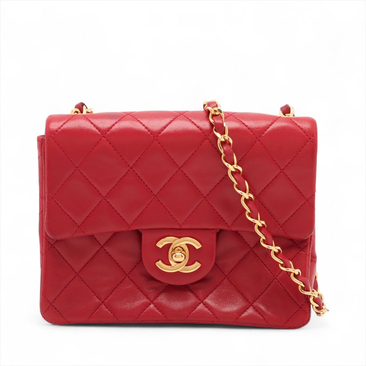 【中古】シャネル ミニマトラッセ17 ラムスキン シングルフラップ シングルチェーンバッグ レッド ゴールド金具 1番台 A01115