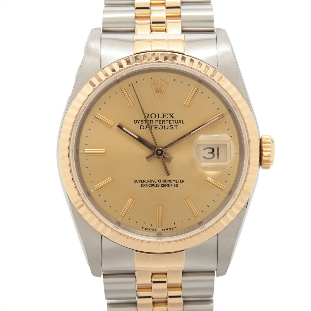 【中古】ロレックス デイトジャスト36 16233 SS×YG SS×YG AT シャンパン文字盤 リューズねじ込み浅い