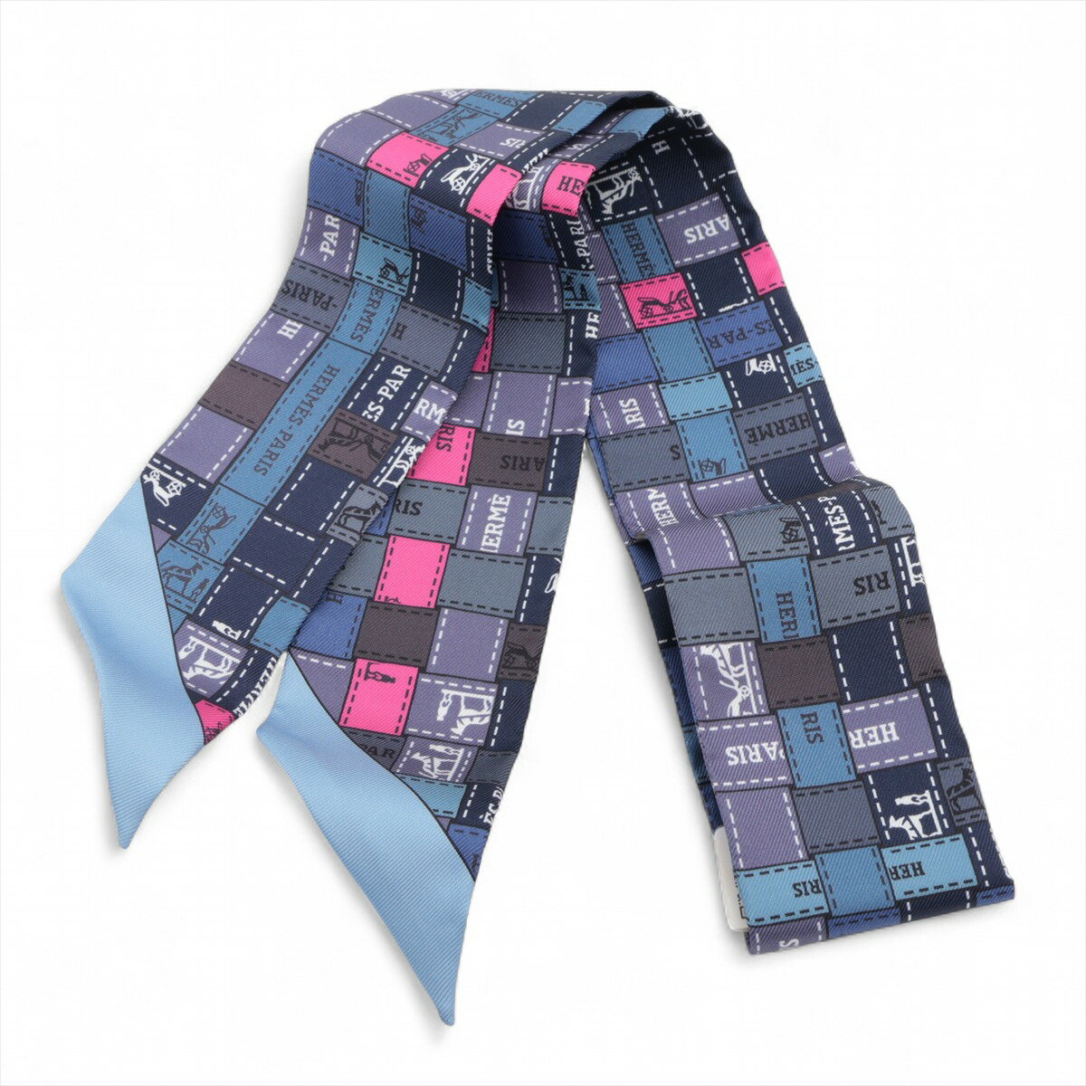 【中古】エルメス ツイリー Bolduc au Carre ボルデュックチェック スカーフ シルク ブルー(4)