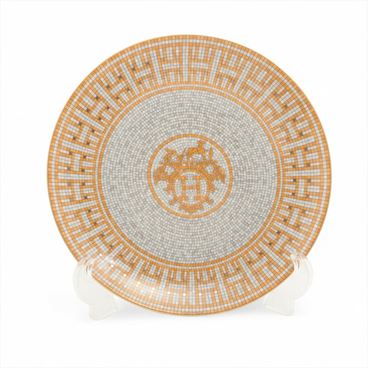 【中古】エルメス モザイク ヴァンキャトル プレート 陶器 グレー×イエロー 底印「顕微鏡」 K04