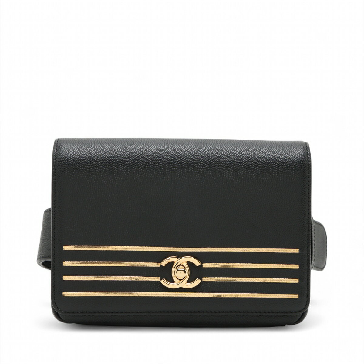 【中古】シャネル ココマーク キャビアスキン ウエストポーチ ブラック ゴールド金具 27番台