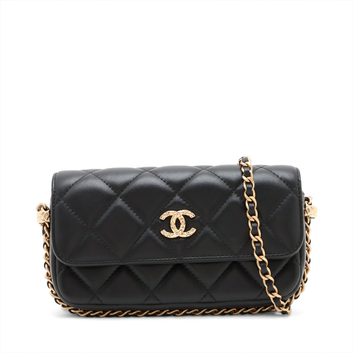 【中古】シャネル マトラッセ ラムスキン チェーンウォレット フォンケース ブラック ゴールド金具 ランダムシリアル