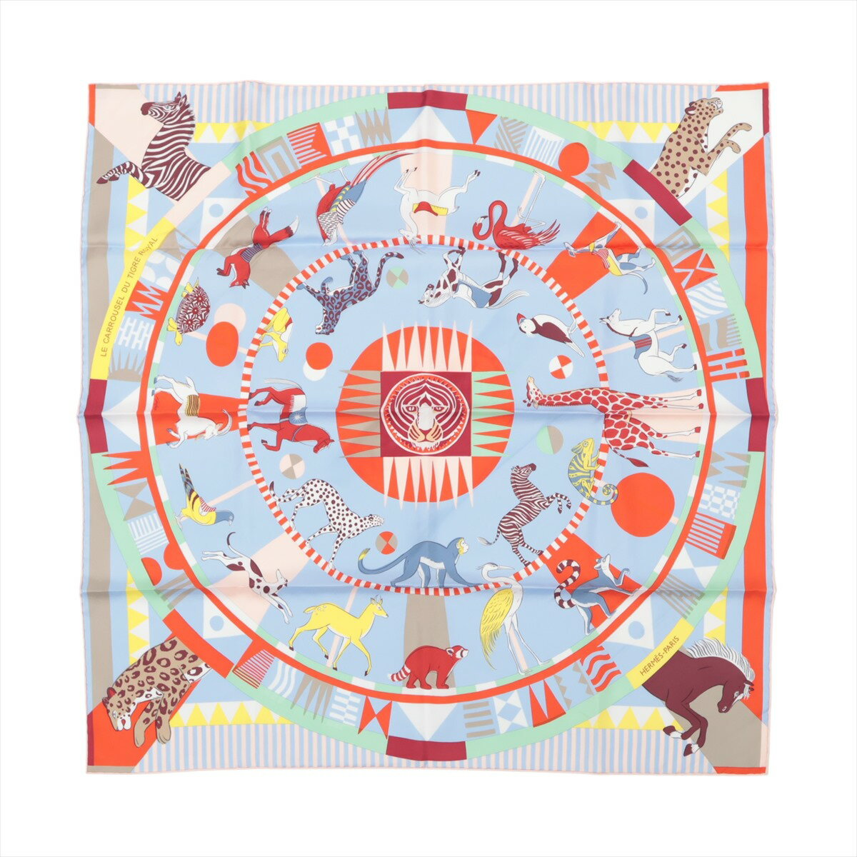 【中古】エルメス カレ90 Le Carrousel du Tigre ロイヤルタイガーのカルーセル スカーフ シルク ブルーのサムネイル