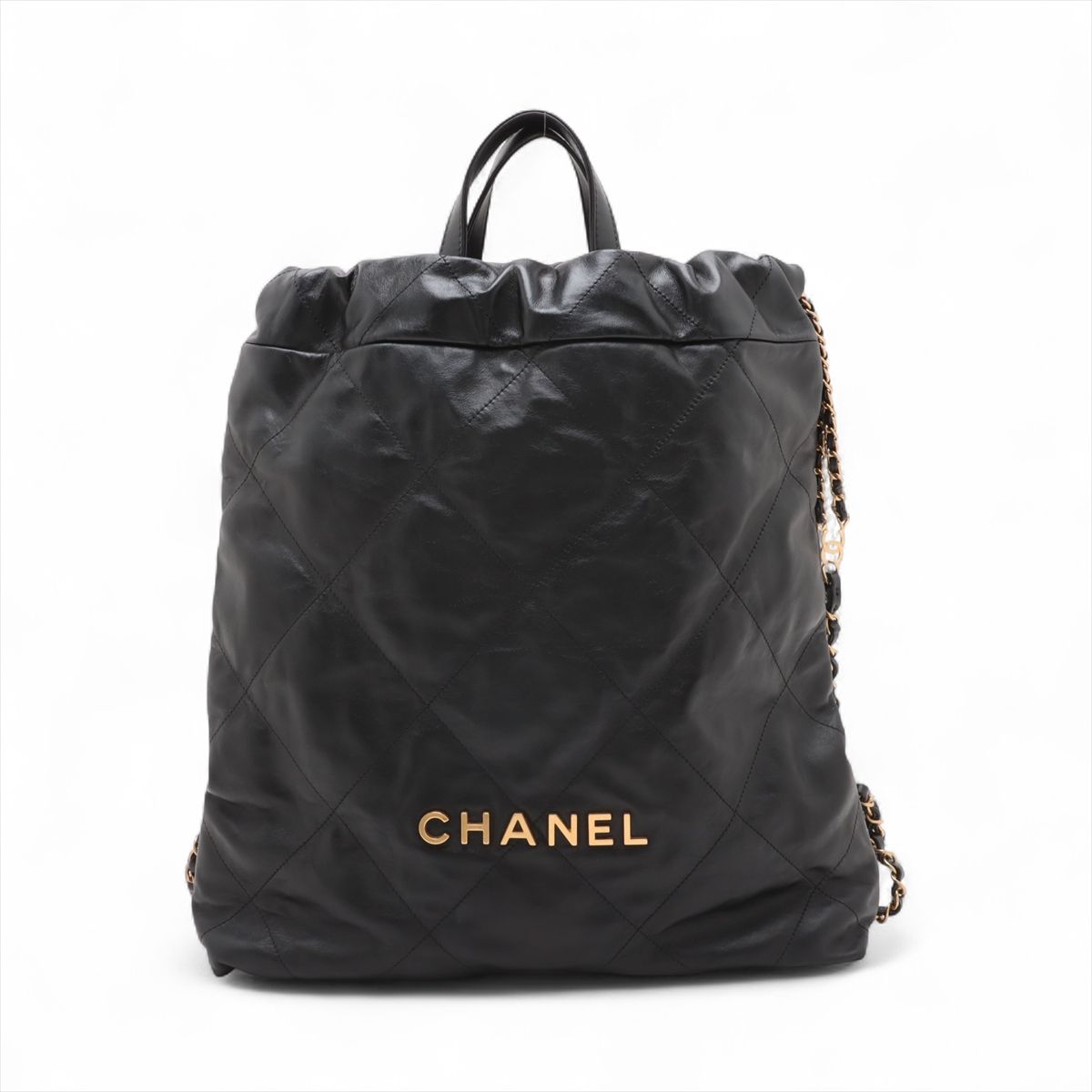 CHANEL - 【中古】シャネル シャネル22 バックパック シャイニーカーフスキン チェーンリュック ブラック ゴールド金具 ランダムプレート AS3313