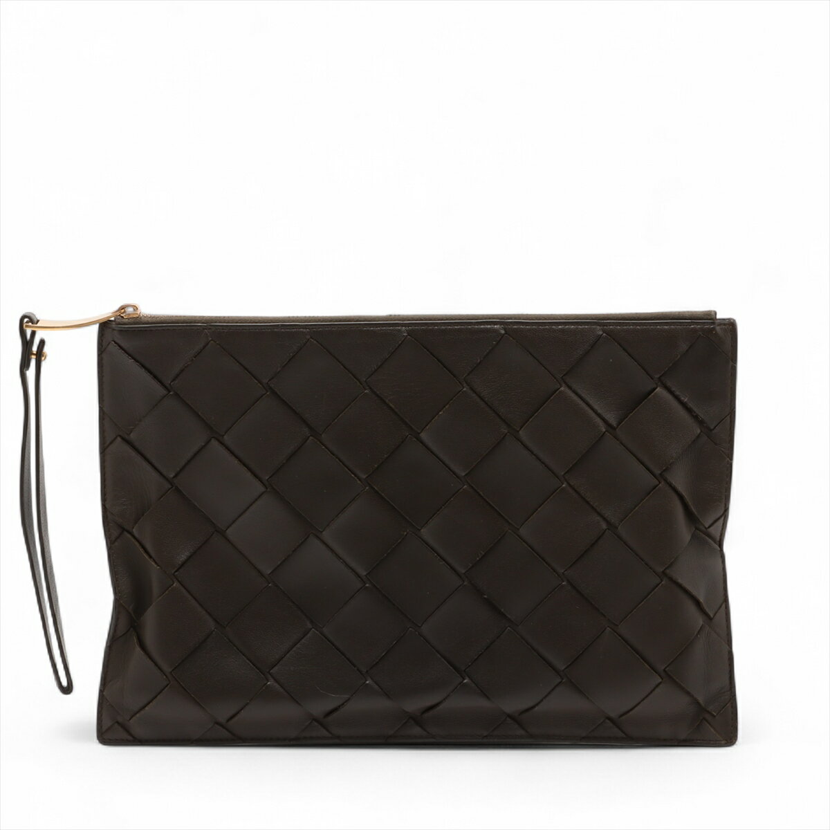 【中古】ボッテガヴェネタ マキシイントレチャート レザー クラッチバッグ ブラウン