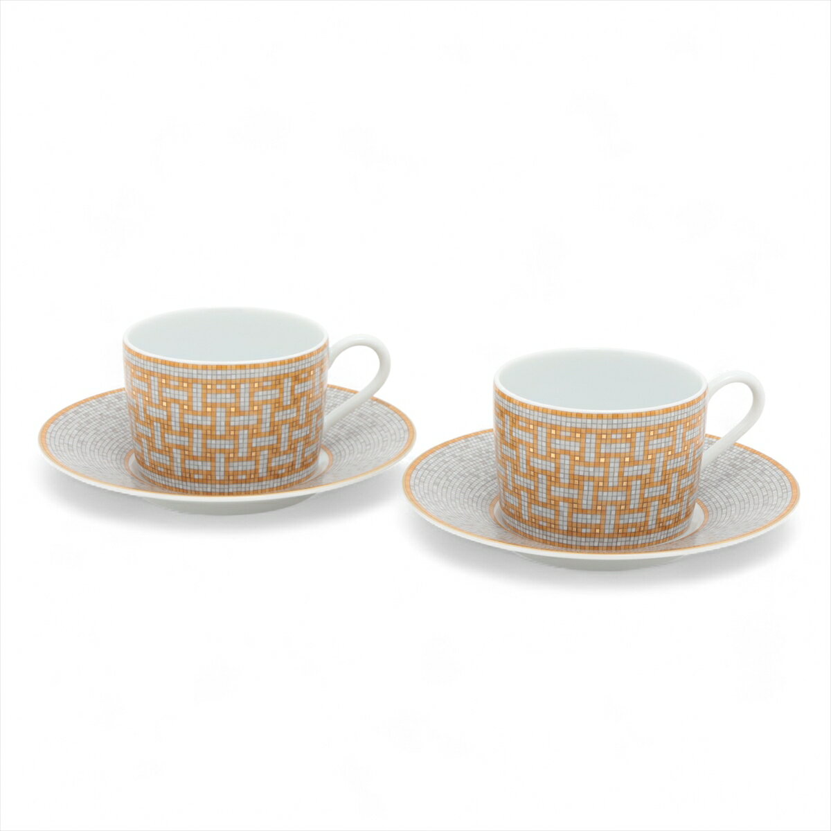 【中古】エルメス モザイク ヴァンキャトル カップ&ソーサー 陶器 イエロー 2客セット 底印「Yシャツ」「クラッカー」