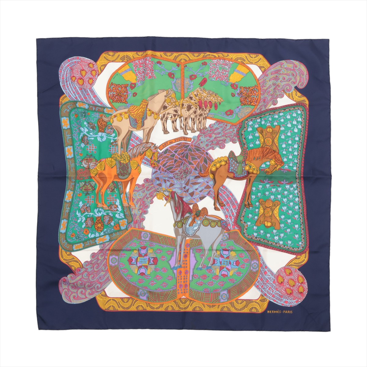 【中古】エルメス カレ90 ART des STEPPES ステップ美術 スカーフ シルク ネイビー