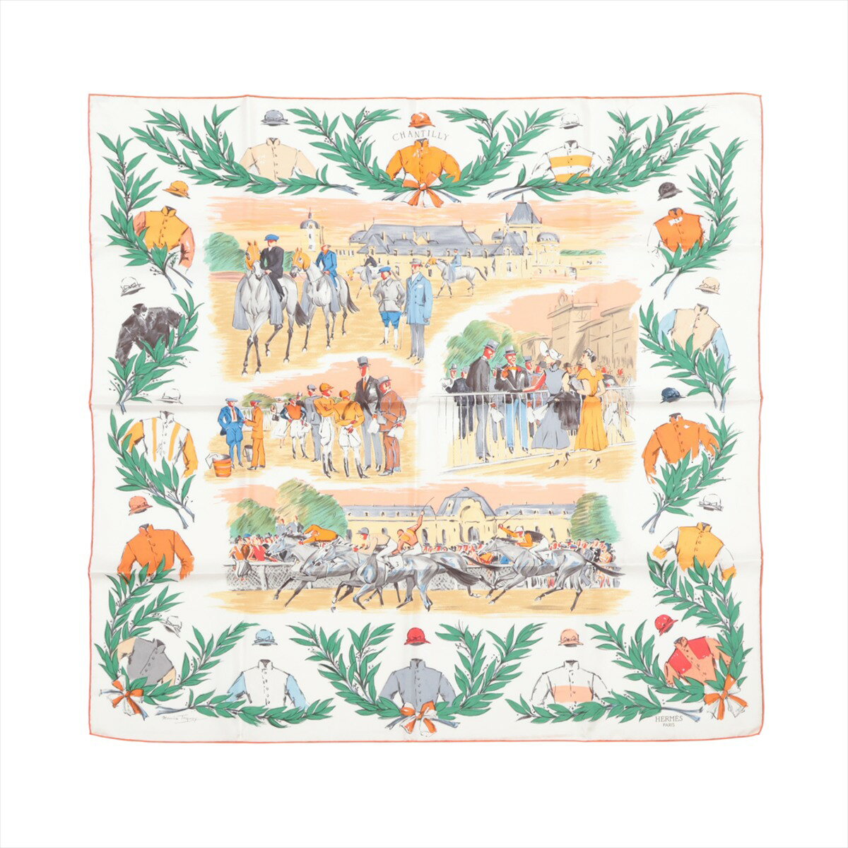 【中古】エルメス カレ90 CHANTILLY 競馬場 スカーフ シルク