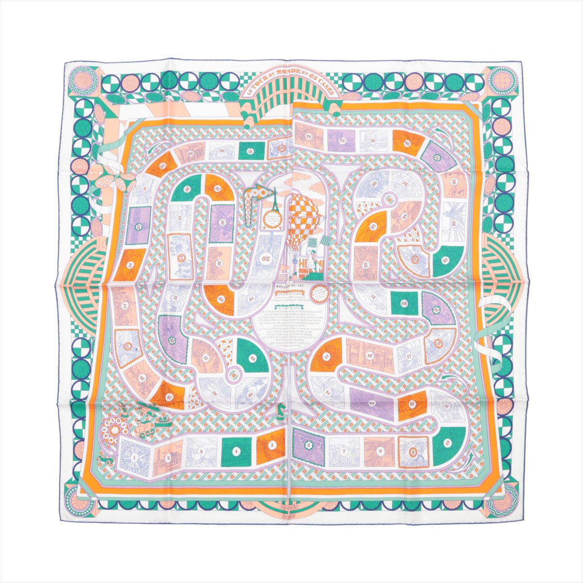 【中古】エルメス カレ90 Le Tour Du Monde En 63 Cases 63マスの世界旅行 スカーフ シルク ホワイト×..