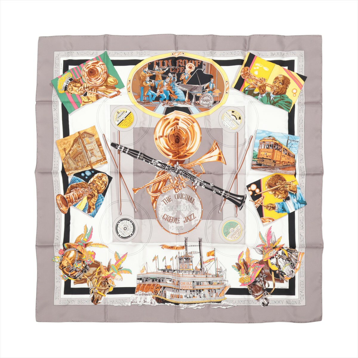 【中古】エルメス カレ90 THE ORIGINAL NEW ORLEANS CREOLE JAZZ 1923 スカーフ シルク グレー