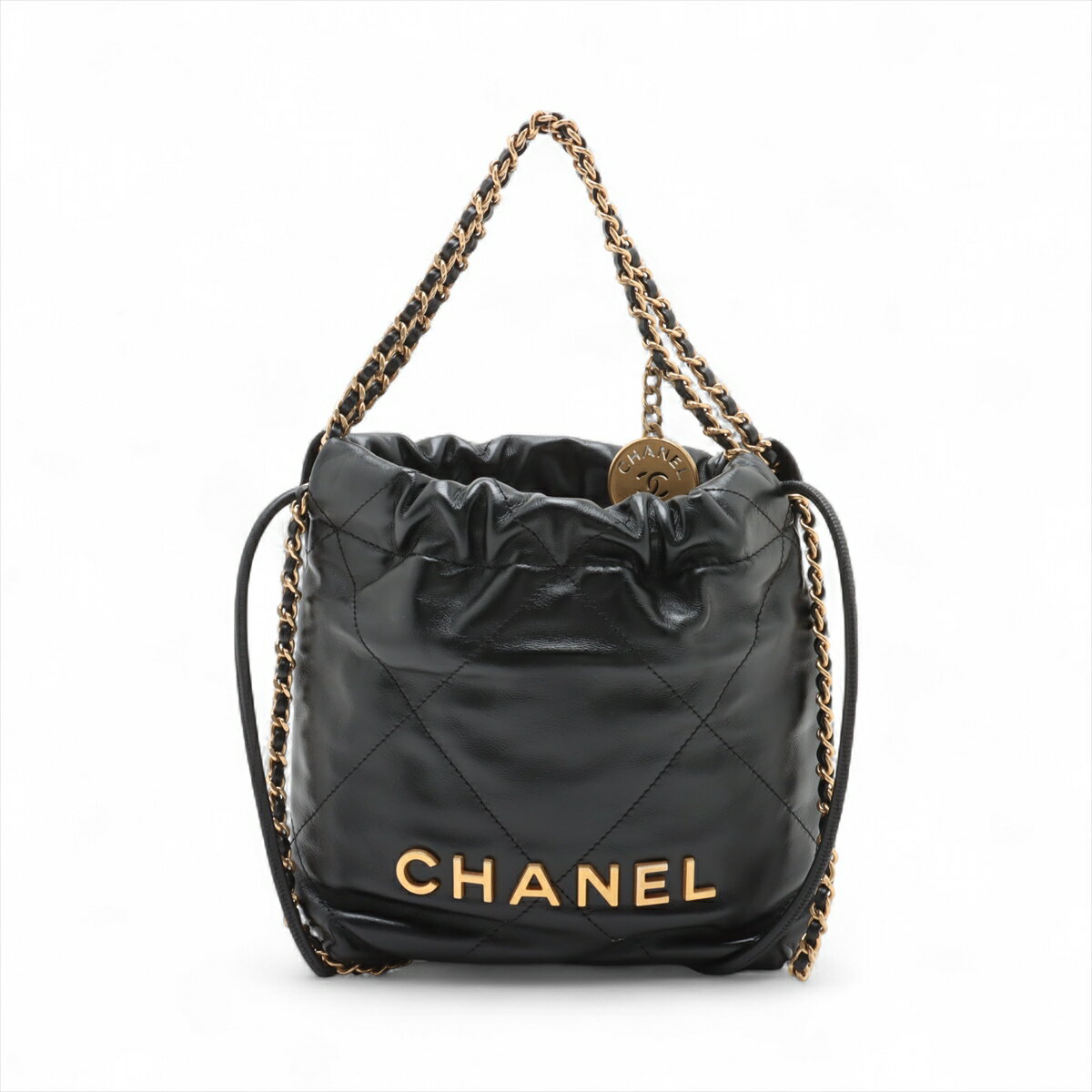 【中古】シャネル シャネル22 ミニ シャイニーカーフスキン チェーンショルダーバッグ ブラック ゴールド金具 ランダムプレート AS3980(4)