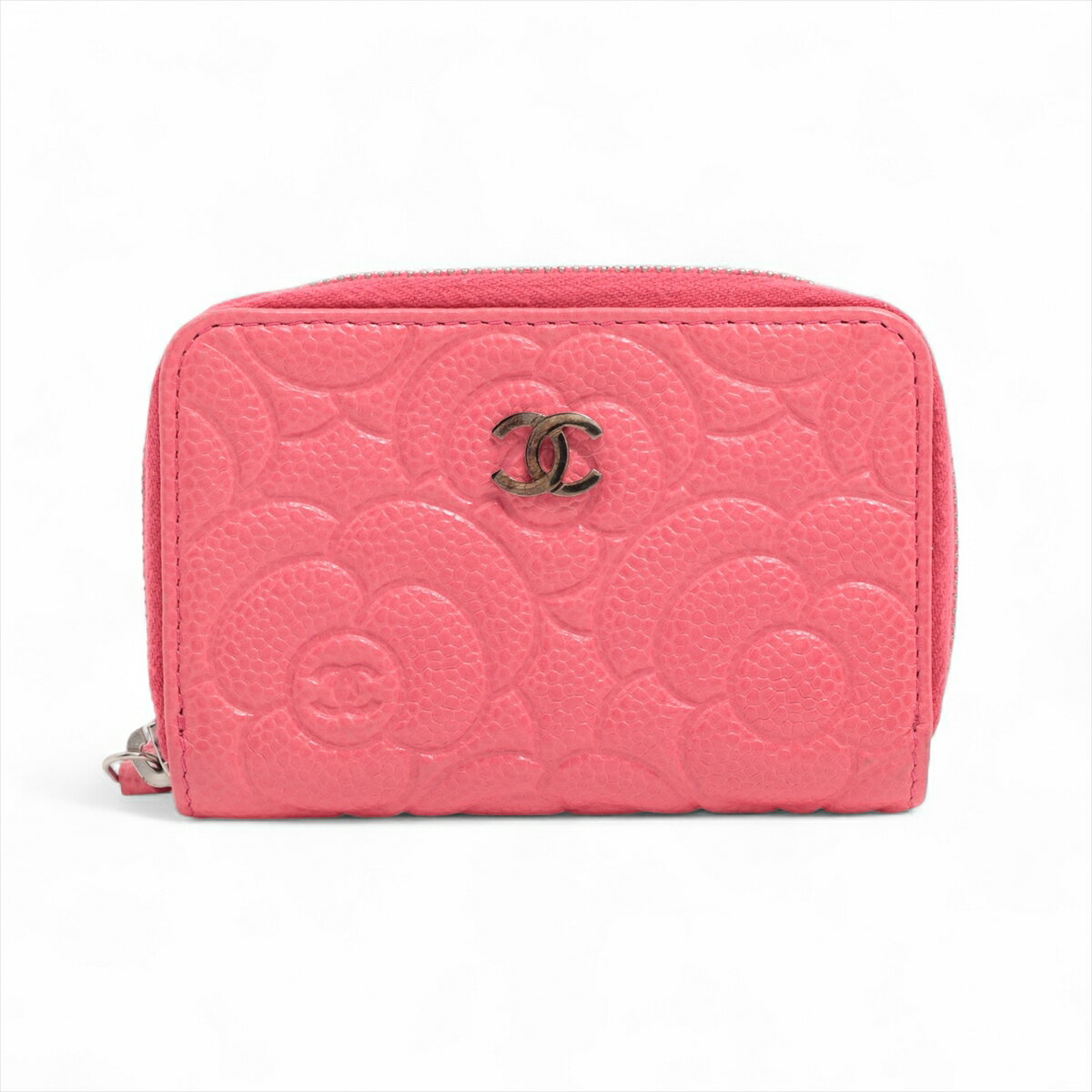 【中古】シャネル カメリア キャビアスキン コインケース ピンク ゴールド金具 30番台