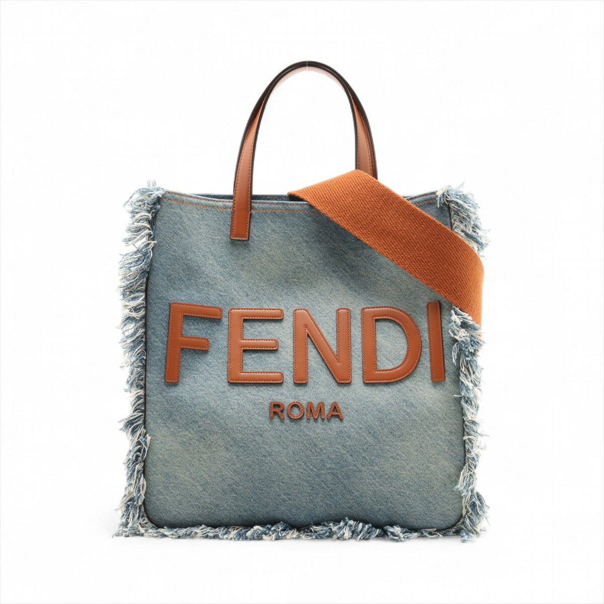 【中古】フェンディ ロゴ デニムxレザー 2WAYトートバッグ ブルーxブラウン 7VA591