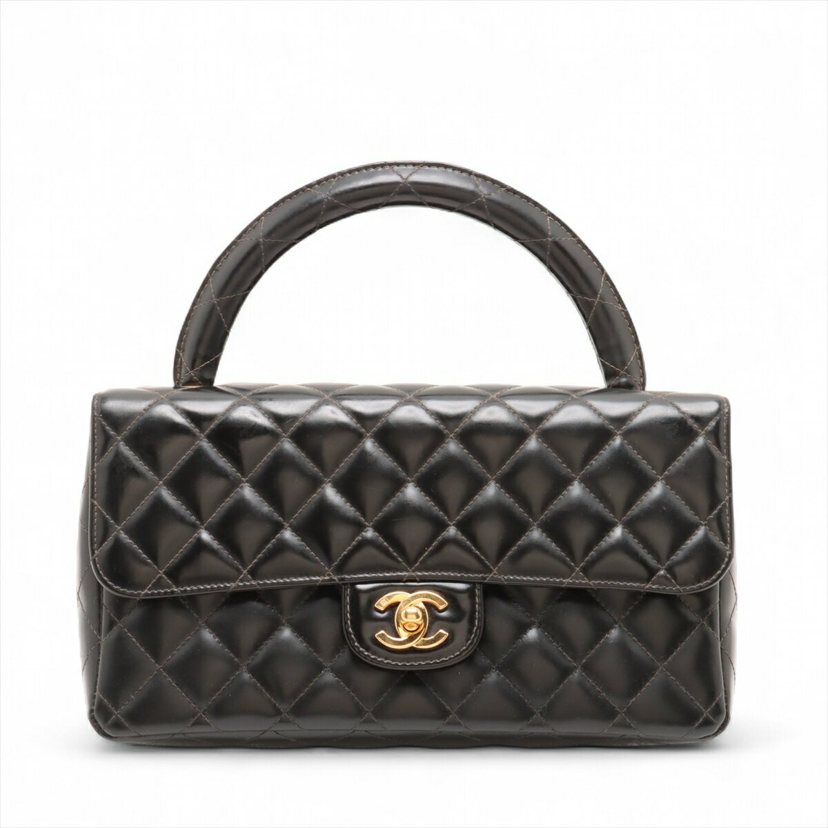 【中古】シャネル マトラッセ パテントレザー ハンドバッグ 親子バッグ ブラック ゴールド金具 4番台 ..