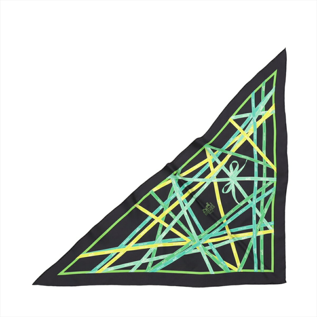 【中古】エルメス ポワントゥ BOLDUC AU CARRE ボルデュックリボン スカーフ シルク ブラック×グリーン(4.0)