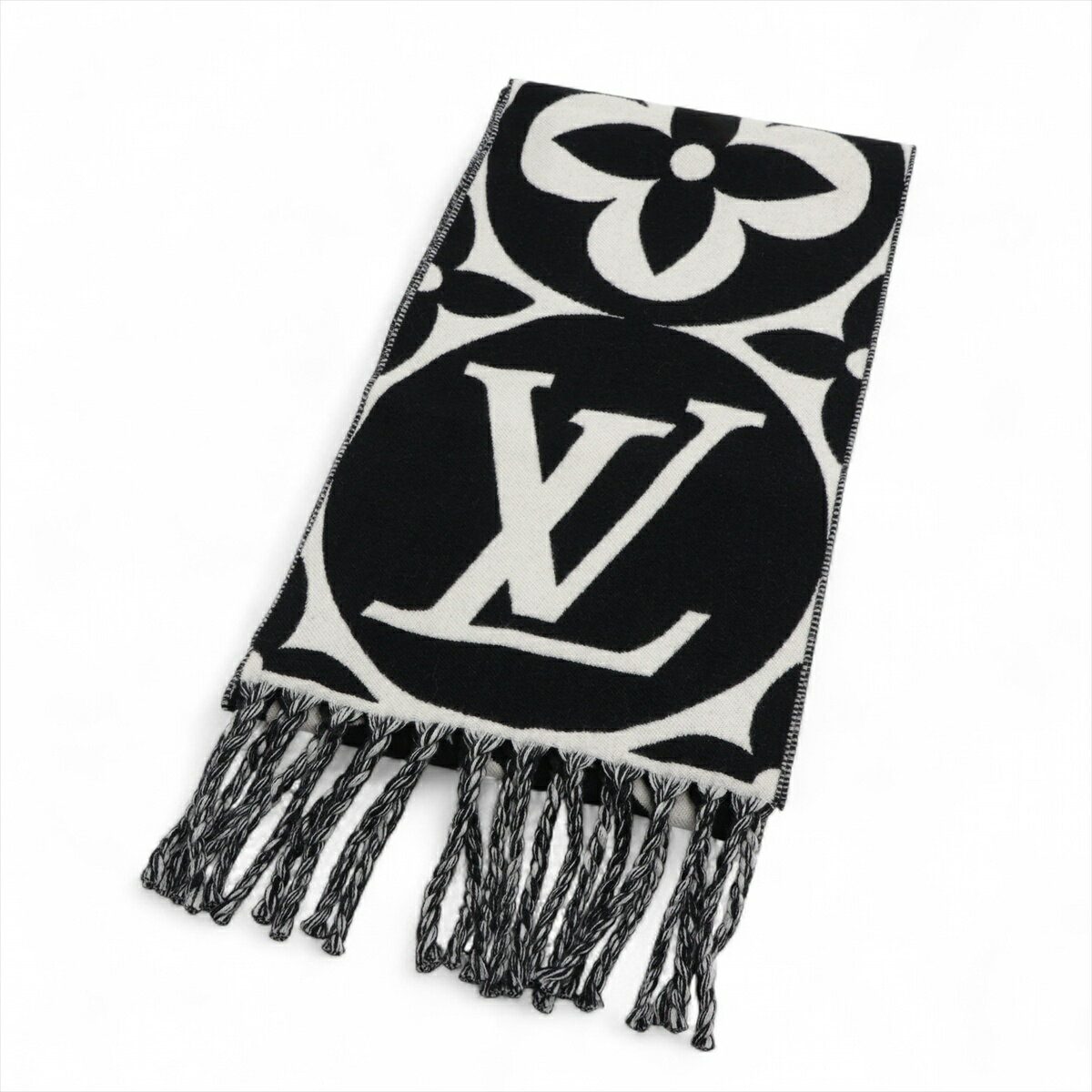 【中古】ヴィトン M79212 フライトモード マフラーLVメダリオン IS4263 マフラー ウール ブラック×ホワイト