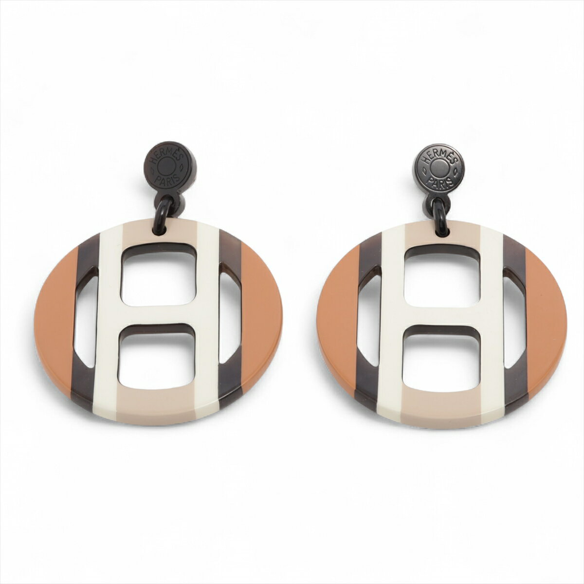 【中古】エルメス Hエキップ ピアス(両耳用) バッファローホーン ブラウン